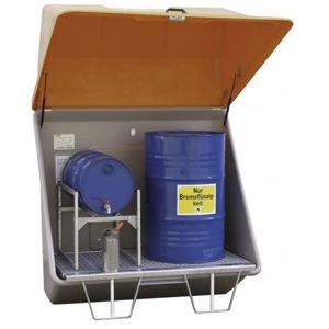 Opslagcontainer voor gevaarlijke stoffen met 200 liter opvangreservoir met verzinkt bodemrooster inclusief de oranje overkapping | Outdoor Versie