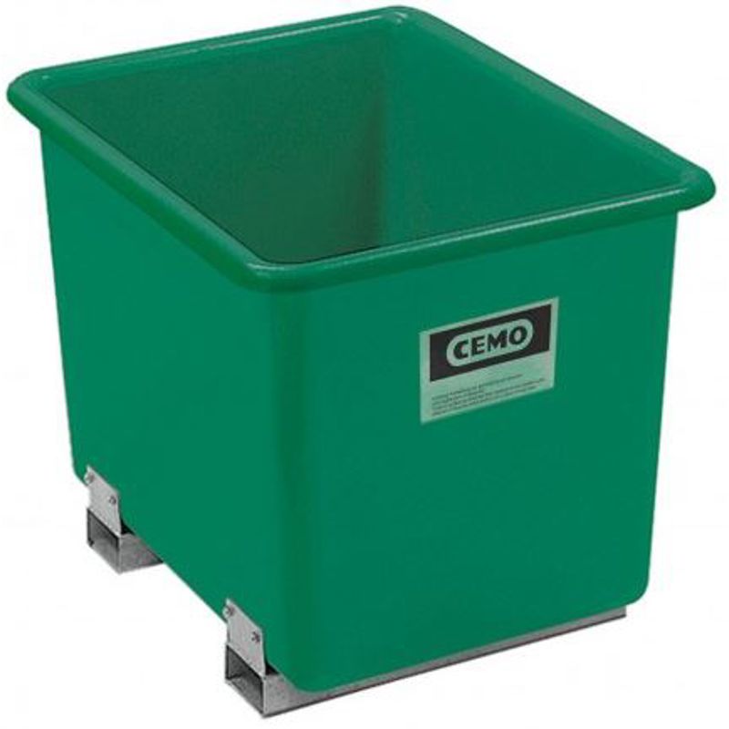 Rechthoekige kunststof opslagcontainer in de kleur groen, 1500 liter, standaard maat, met sleuven voor palletvorken